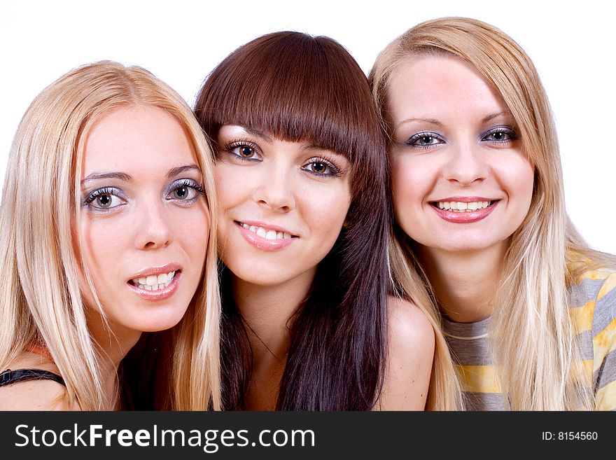 Three girlfriends together on a white background