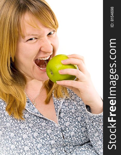 Young woman eating apple over white background