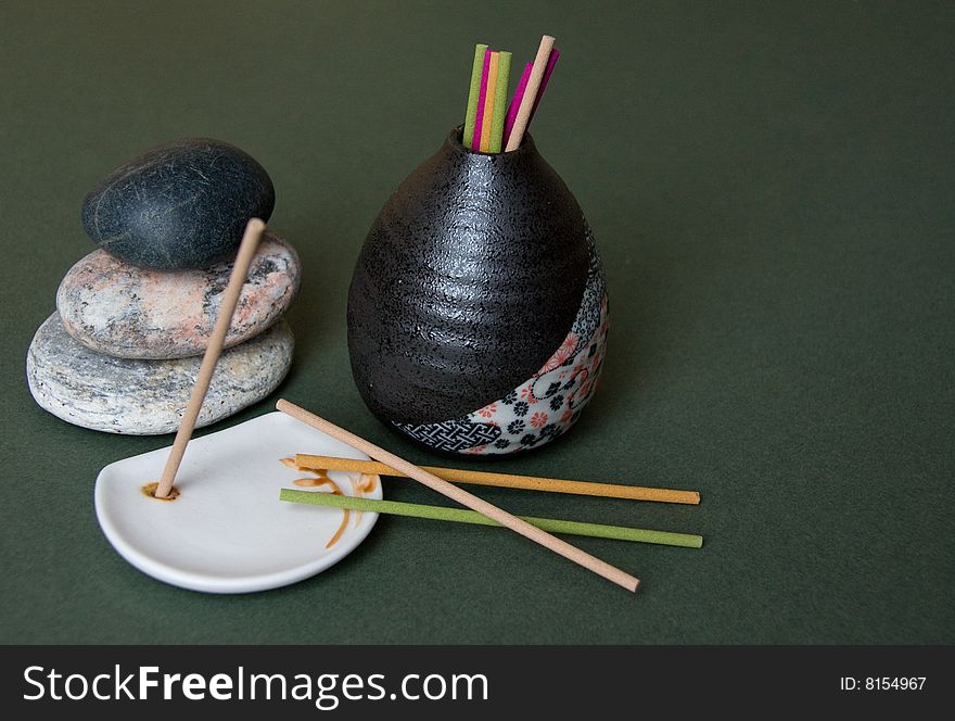 Aromatic Sticks, White Porcelain Stand and Japan Vase