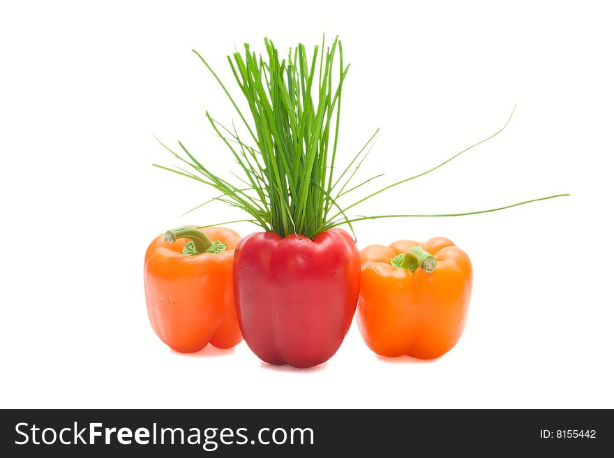 Three colour sweet pepper and green onions. Three colour sweet pepper and green onions