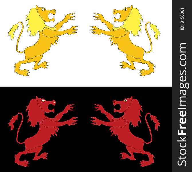 A crest style graphic of a lion preparing for a battle in yellow and red on black and white backgrounds. A crest style graphic of a lion preparing for a battle in yellow and red on black and white backgrounds.