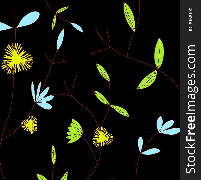 A floral design of flowers and stems placed over a solid black background. A floral design of flowers and stems placed over a solid black background.