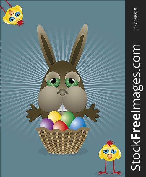 Bunny with a basket full of colored eggs and two chicks funny. Bunny with a basket full of colored eggs and two chicks funny