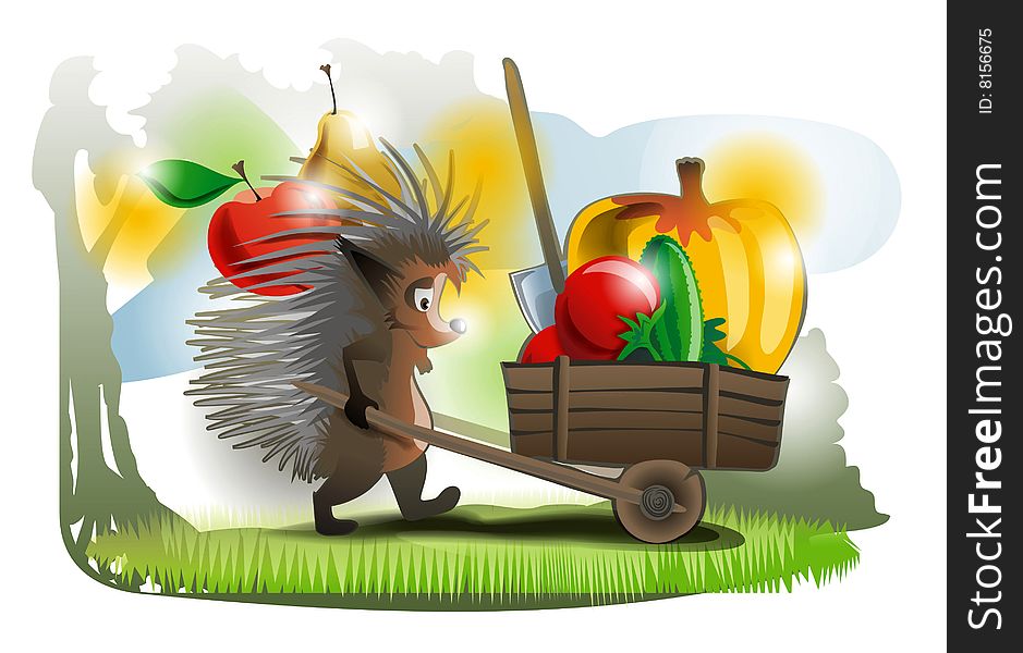 The hedgehog carries the cart with vegetables and the tool