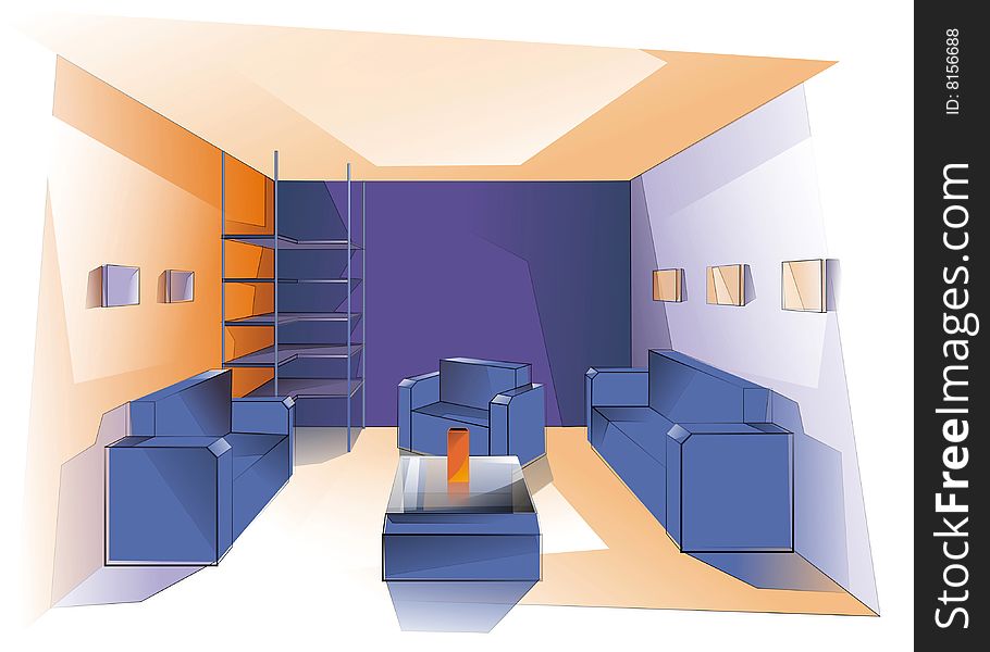 Blue furniture in a room with orange walls. Blue furniture in a room with orange walls