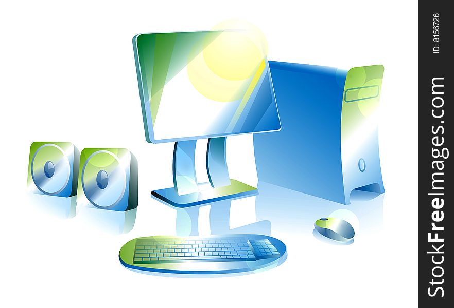 The computer with yellow, green, blue strips on a white background. The computer with yellow, green, blue strips on a white background