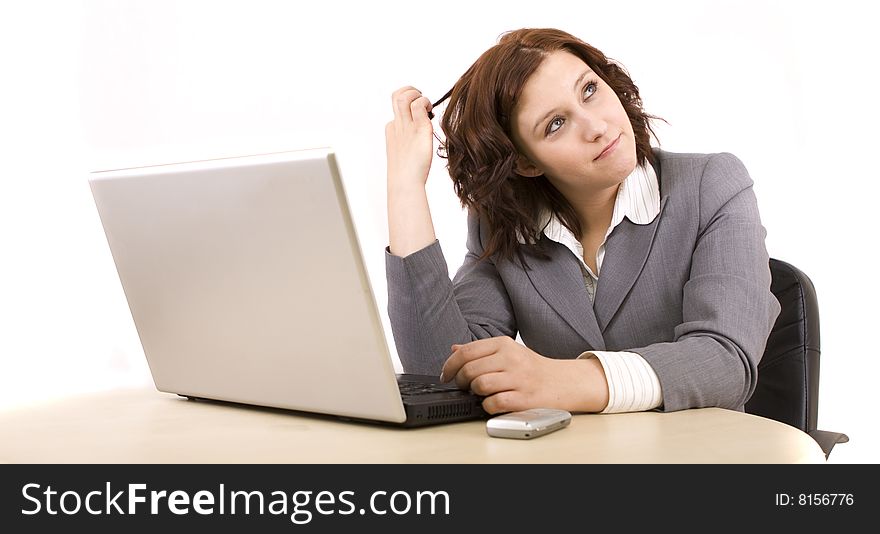 Woman with laptop on a white background