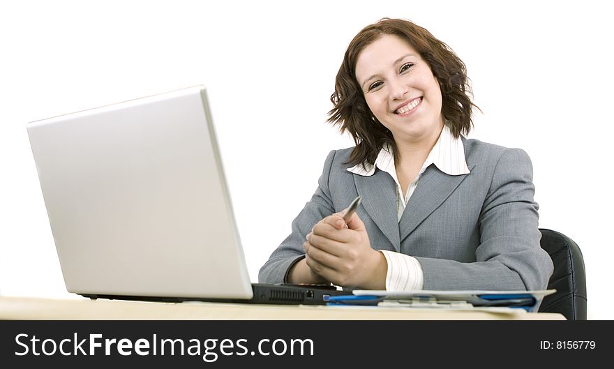 Woman with laptop on a white background