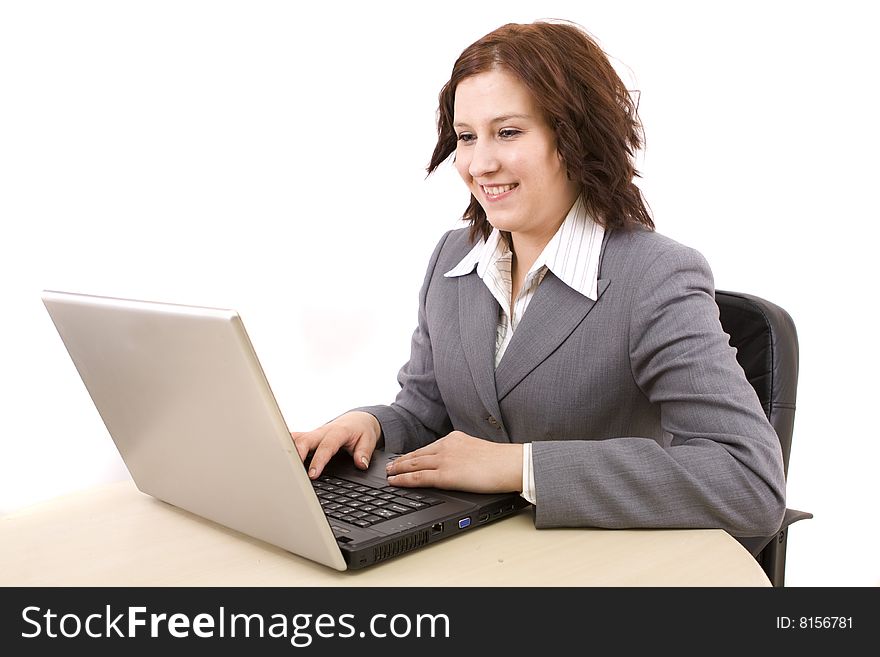 Woman with laptop on a white background