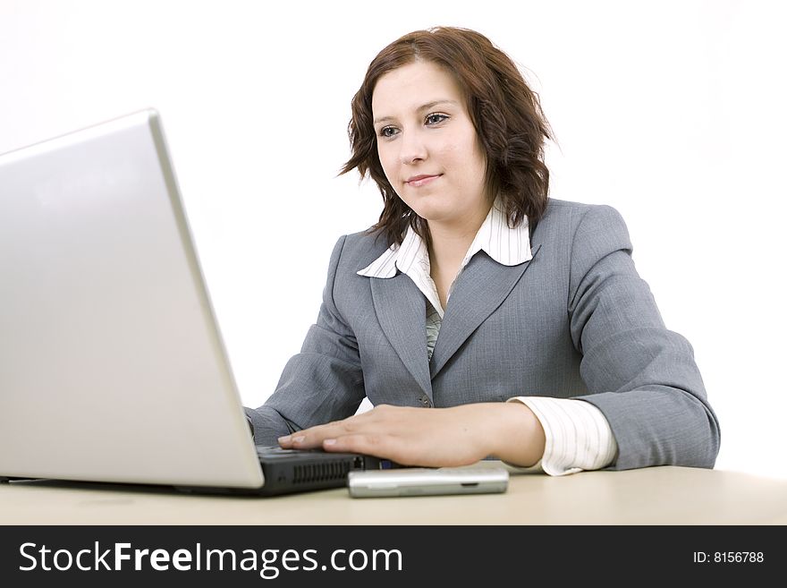 Woman with laptop on a white background