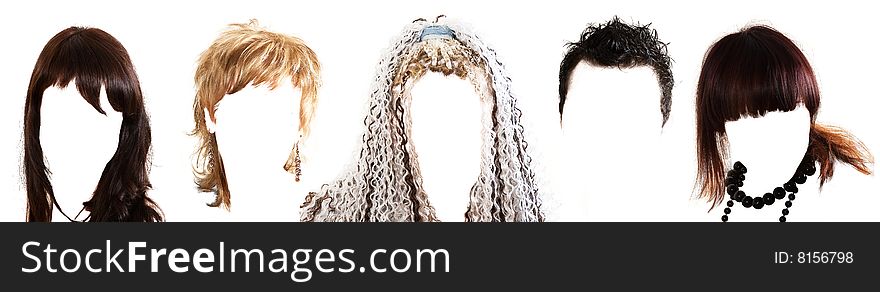 Hairdresses of men and women without persons on a white background. Hairdresses of men and women without persons on a white background