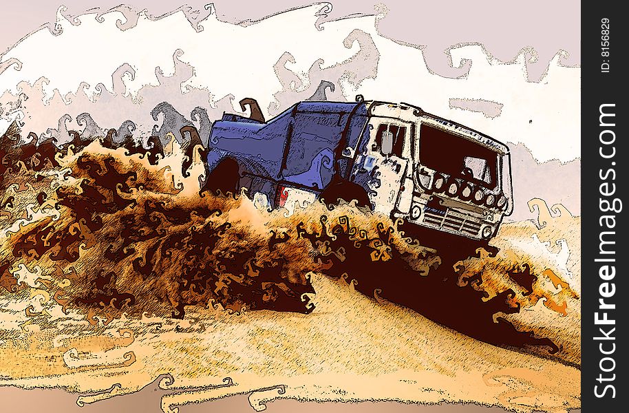 The lorry in the stylised clubs of a dust in desert. The lorry in the stylised clubs of a dust in desert