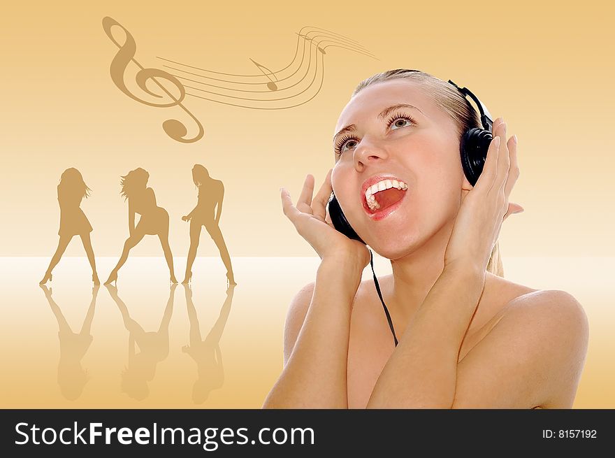 Portrait of happiness sexy young women with beautiful face in headphones and listening music on white. Portrait of happiness sexy young women with beautiful face in headphones and listening music on white