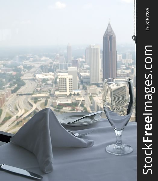Restaurant table with a city view