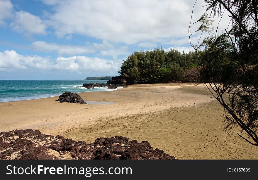 View of trees and rocks at the end of Lumaha'i beach in Kauai