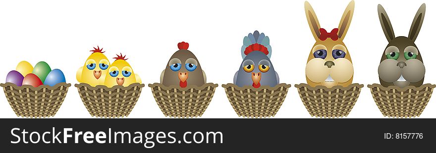A set of baskets with Easter animals - cock, hen, chicken, bunny, eggs. A set of baskets with Easter animals - cock, hen, chicken, bunny, eggs