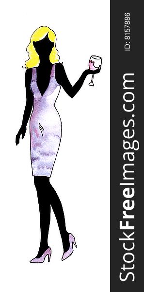 A fashion illustration of a woman with a glass of wine. A fashion illustration of a woman with a glass of wine.