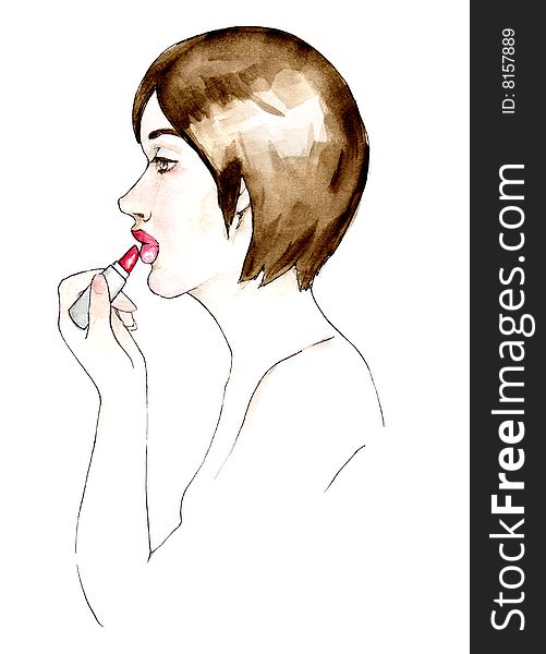 A watercolor illustration of a girl applying red lipstick.