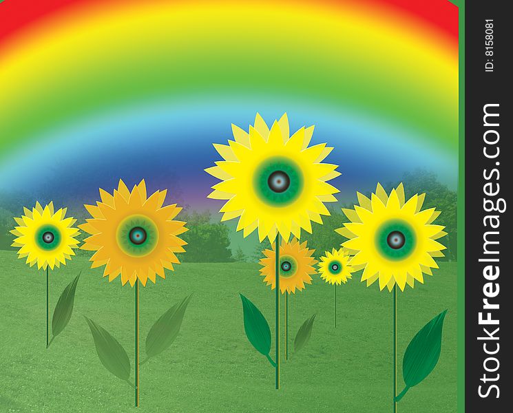 Illustration with sunflowers on the grassy field with the rainbow in the background