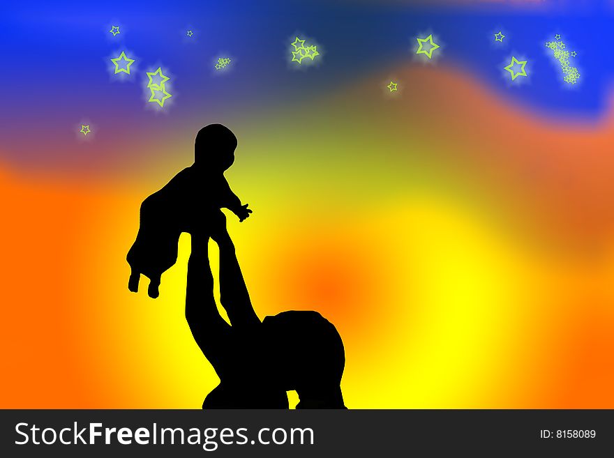 Silhouette of a woman playing with baby with the colorful sky in the background. Silhouette of a woman playing with baby with the colorful sky in the background