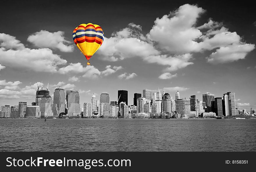 The Lower Manhattan skyline in a classic black and white format