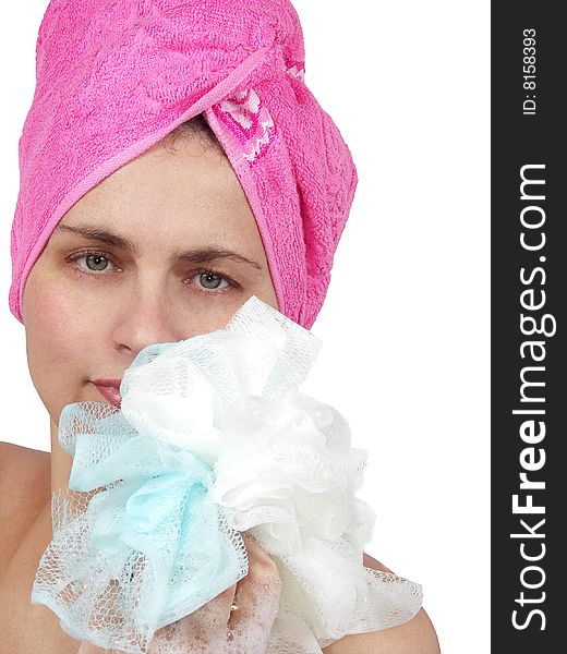 Woman with towel on head and soaped by sponge. Woman with towel on head and soaped by sponge