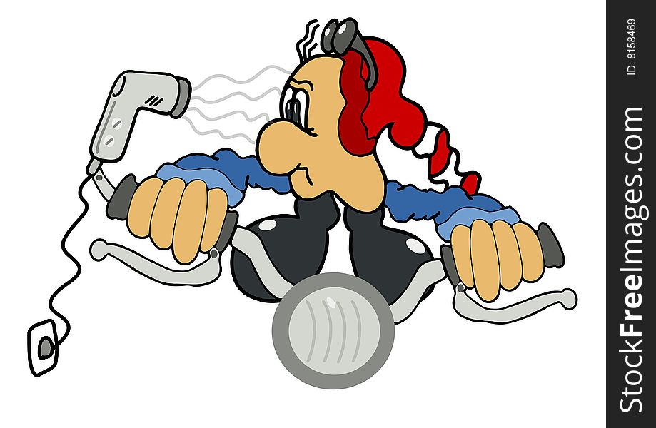 This illustration depicts a funny rider with hair dryer. This illustration depicts a funny rider with hair dryer