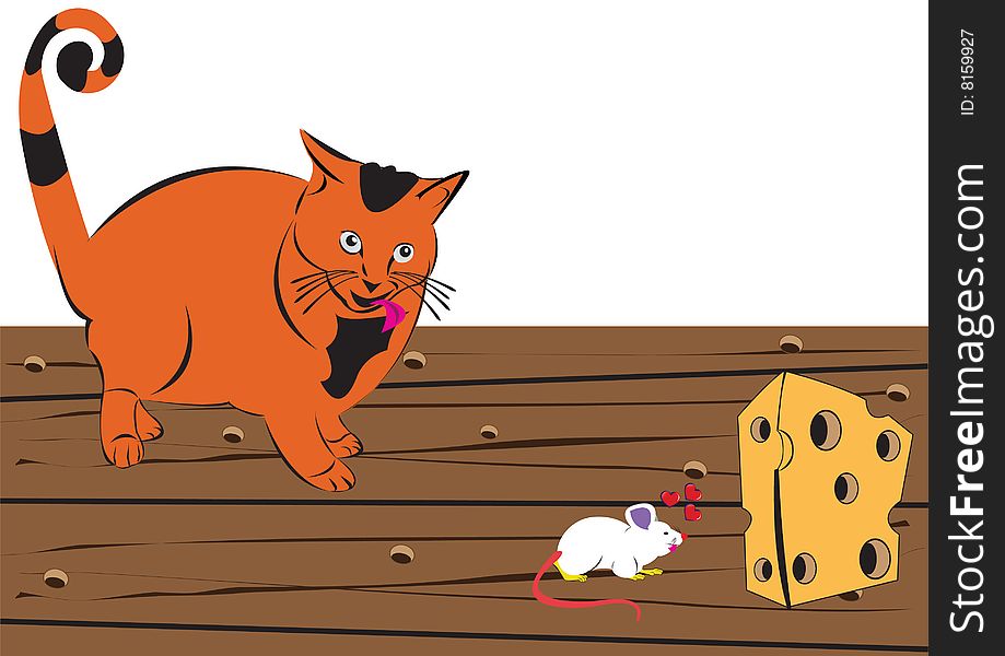 Vector illustration of a cat looking at the mouse whose looking at the peace of cheese. Vector illustration of a cat looking at the mouse whose looking at the peace of cheese.