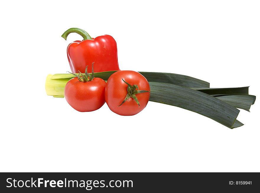 Pepper,leek and tomatoes isolated on a white background. Pepper,leek and tomatoes isolated on a white background.
