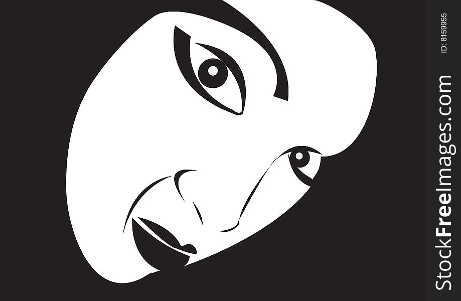 Black and white vector illustration of a face in the dark. Black and white vector illustration of a face in the dark