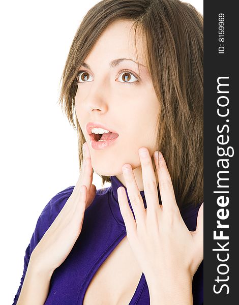 Portrait of beautiful caucasian young woman on white background