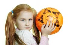 The Girl Holds A Football On A White Background Stock Image