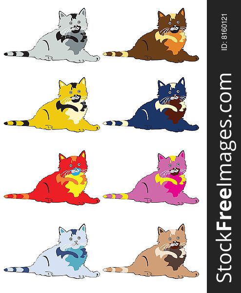 Vector illustration of a cat in eight different color sets. Vector illustration of a cat in eight different color sets