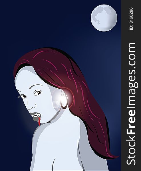 Vector illustration of a young vampire girl and the moon. Vector illustration of a young vampire girl and the moon