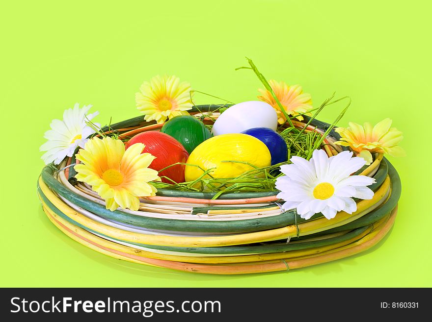 Easter eggs in the nest on white background