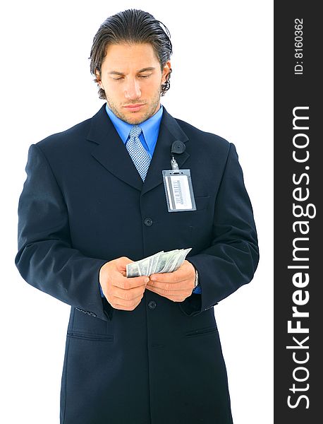 Confused Young Businessman Holding Money