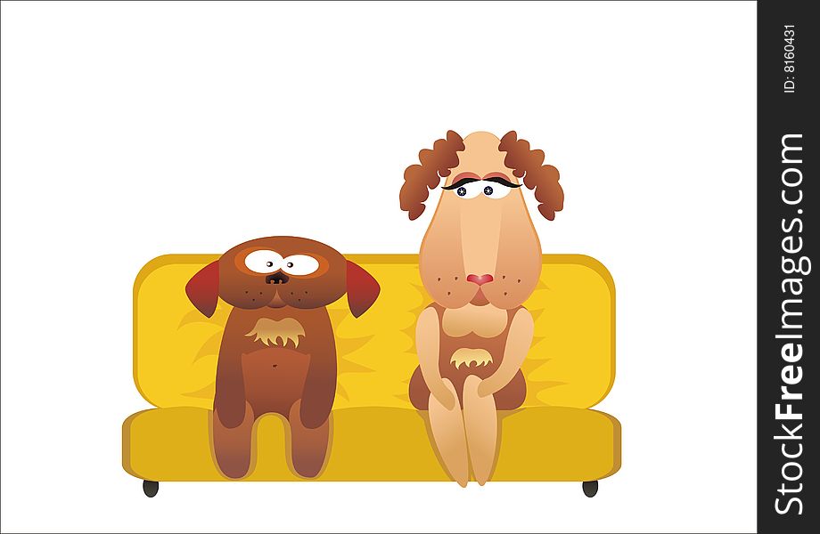 Two dogs sit on a yellow sofa