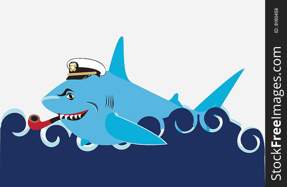 Vector illustration of a fat shark with a captain's hat and a pipe. She's so happy because she had a captain for a dinner!. Vector illustration of a fat shark with a captain's hat and a pipe. She's so happy because she had a captain for a dinner!