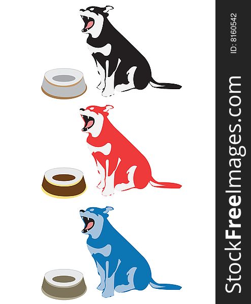 Vector illustration of three dogs in front of their empty dishes. Vector illustration of three dogs in front of their empty dishes