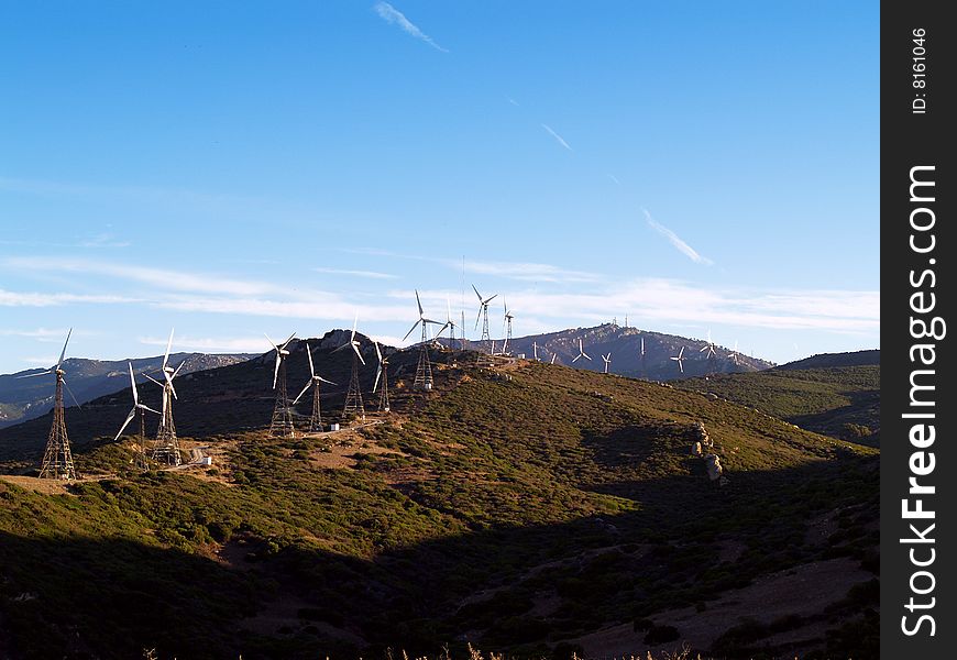 Windmills and sunburst. Andalucia. Spain