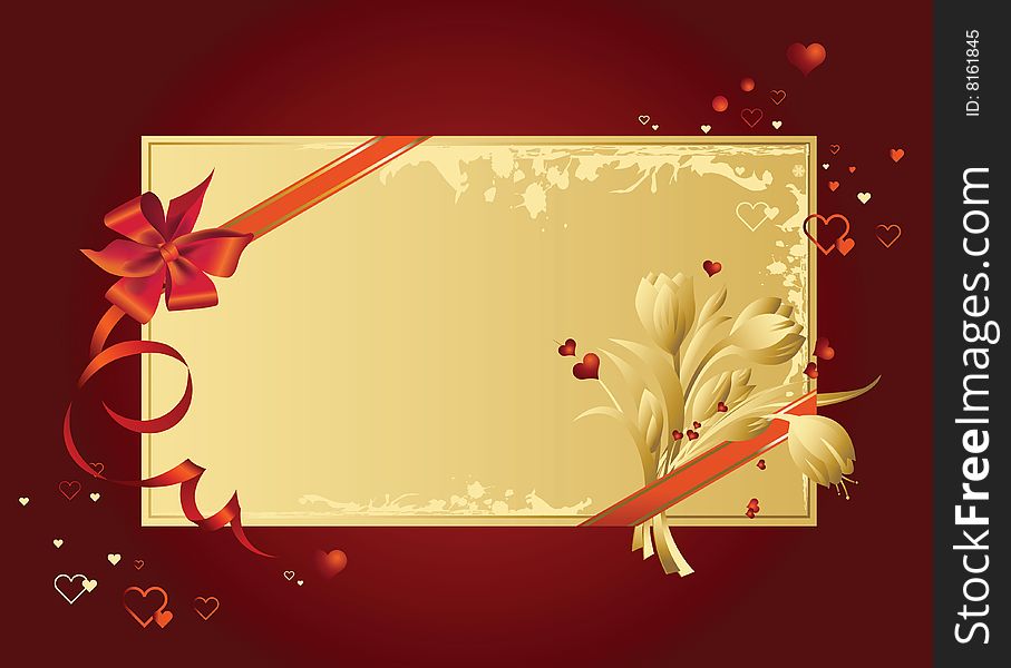 Celebratory card, with red ribbon and flowers with copy space. Vector illustration.