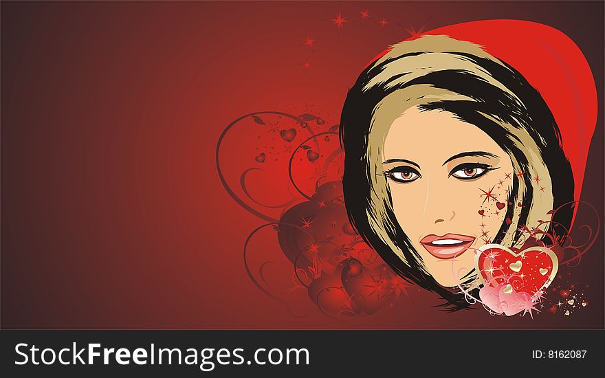 Portrait of beautiful woman in a hood. Composition for card. Vector illustration