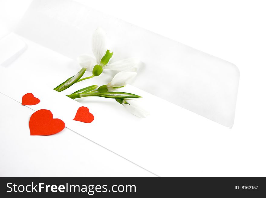 White envelope with snowdrops and red hearts over white. White envelope with snowdrops and red hearts over white