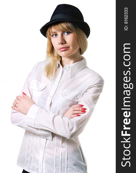 Lady wearing hat on white background. Lady wearing hat on white background