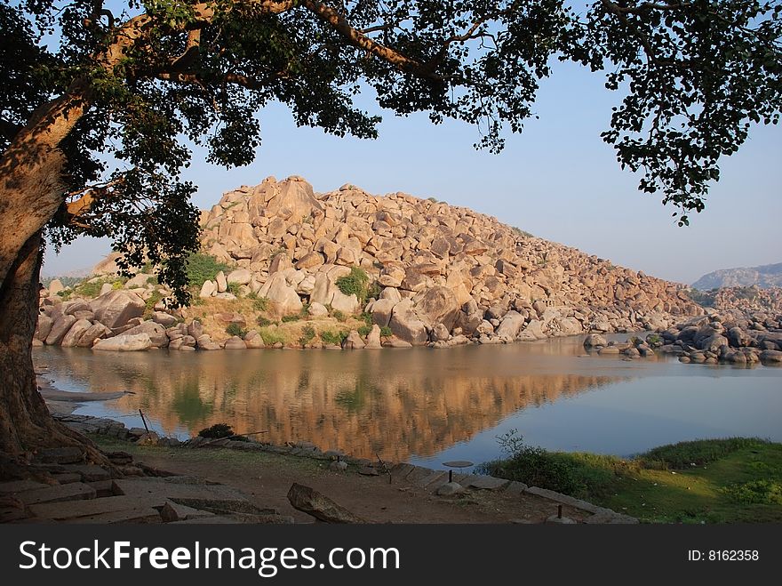 Landscape river and mountain. India, Karnataka, Hampi. Landscape river and mountain. India, Karnataka, Hampi