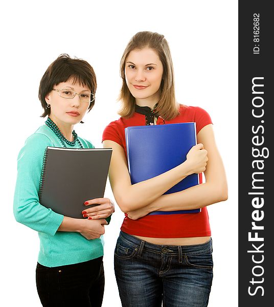 Two girls with folders; Isolated on white