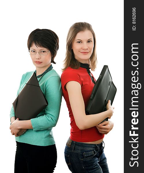 Two Girls With Folders; Isolated On White