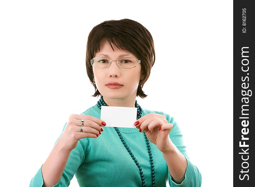 Woman with a business card; Isolated on white
