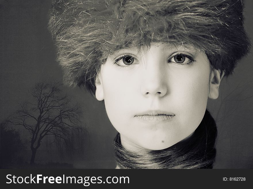 Young girl in a old portrait setting with a hairy cap. Young girl in a old portrait setting with a hairy cap