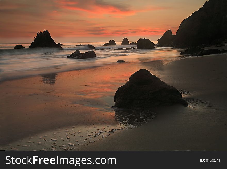 El Matador Beach at sunset in Santa Monica, California